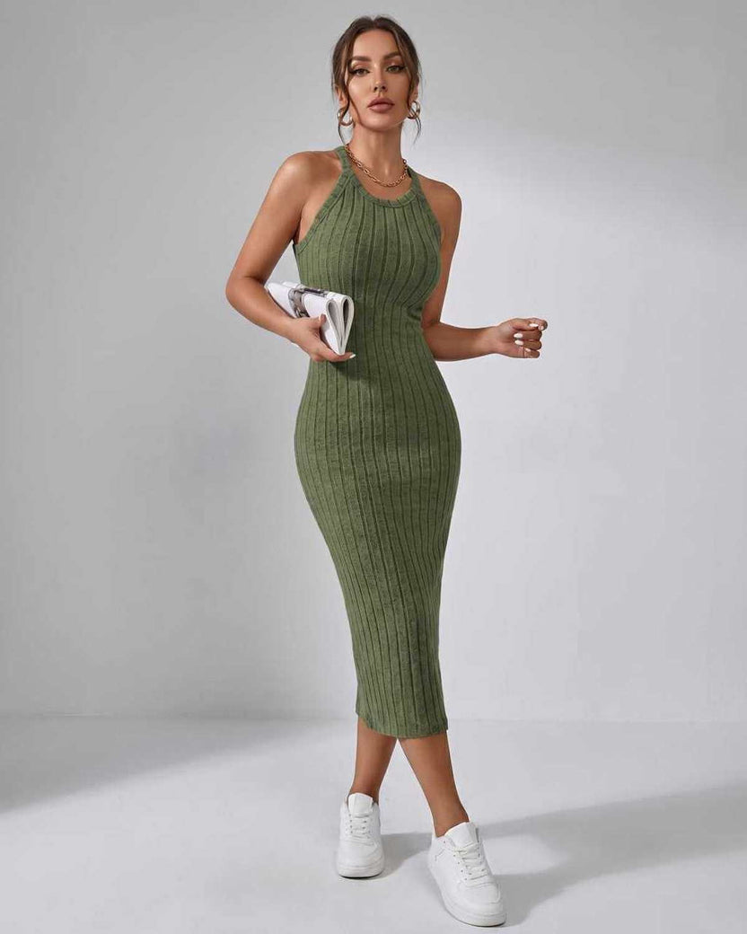 Lunara Midi Dress by Lauven — sage green ribbed knit sleeveless crew neck slim-fit midi dress