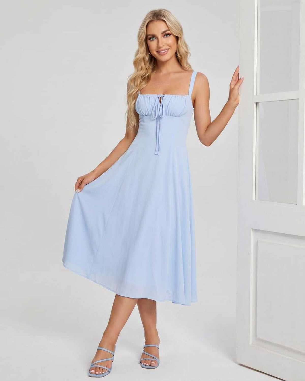 Serelune Midi Dress by Lauven — light blue lightweight sleeveless square neck A-line midi dress