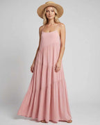 Solenne Maxi Dress by Lauven — pink rayon blend sleeveless scoop neck tiered A-line maxi dress