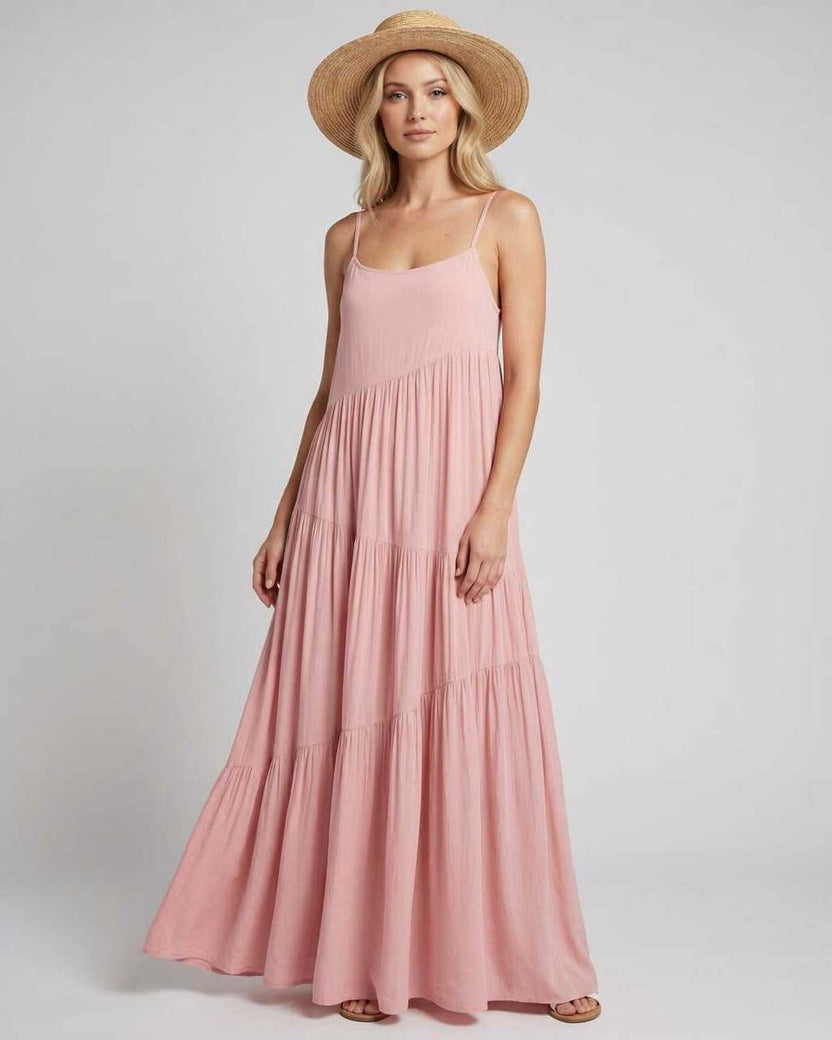 Solenne Maxi Dress by Lauven — pink rayon blend sleeveless scoop neck tiered A-line maxi dress