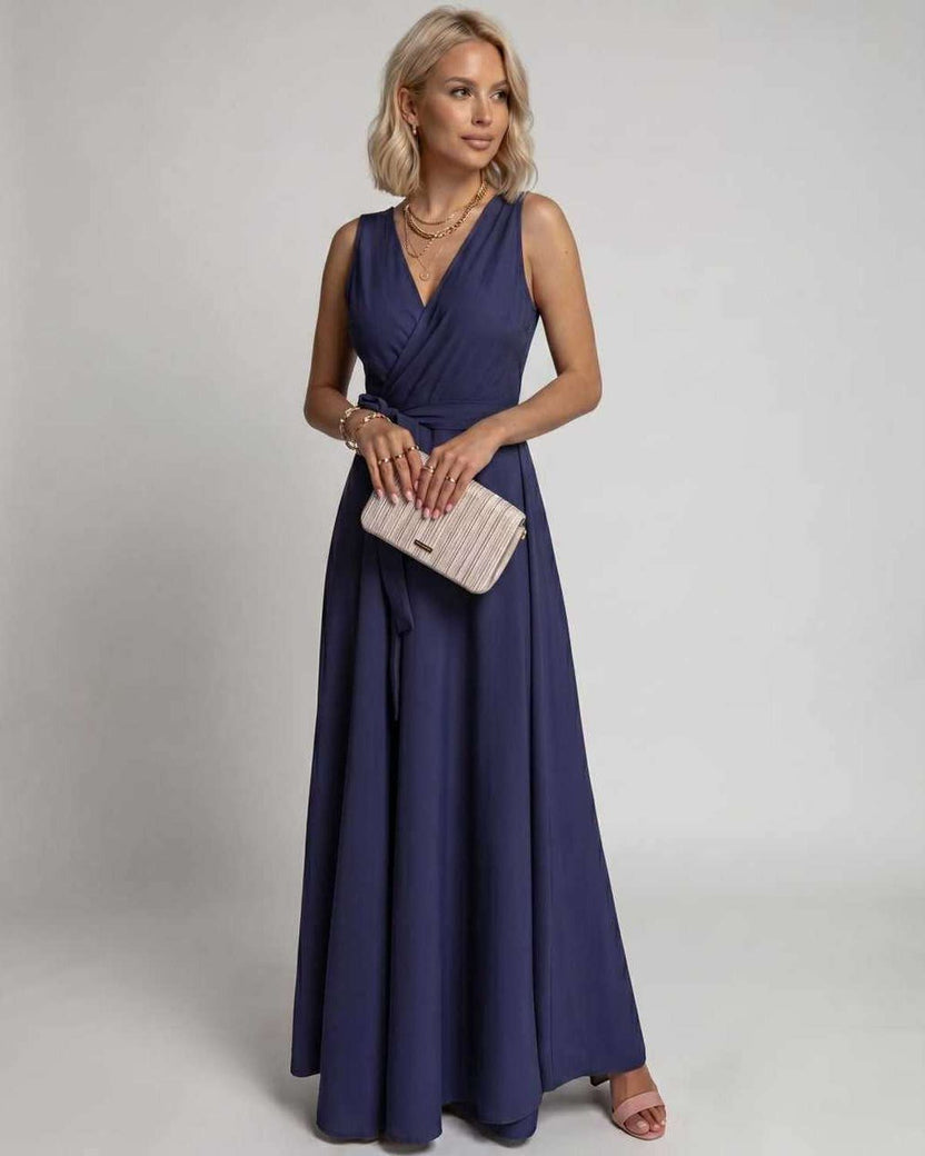 Veloura Maxi Dress by Lauven — navy satin sleeveless V-neck A-line maxi dress