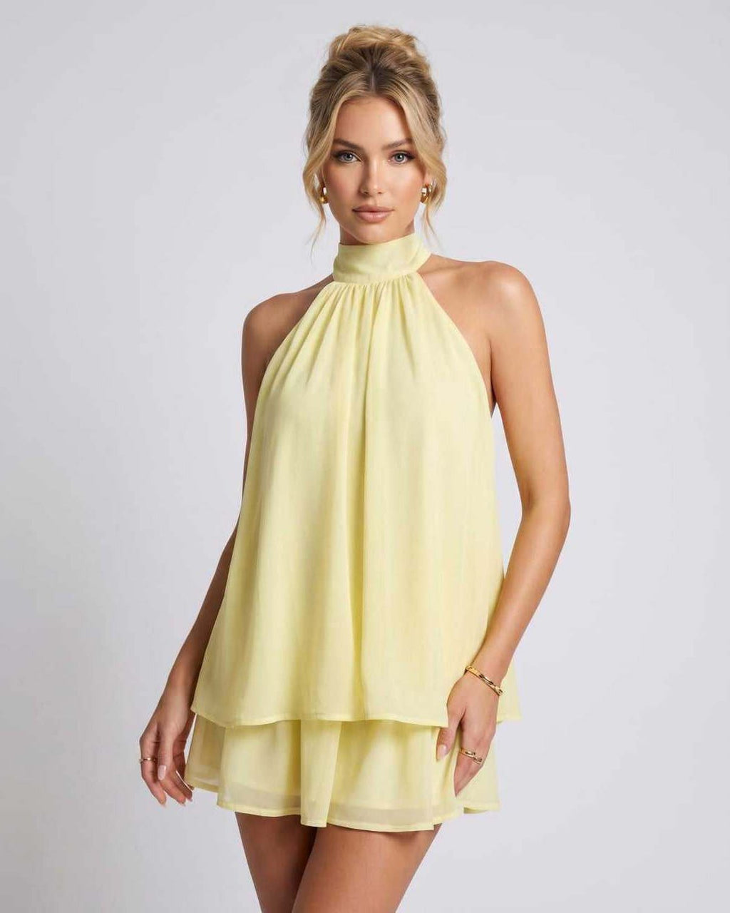 Celestia Mini Dress by Lauven — yellow chiffon sleeveless halter neck mini dress