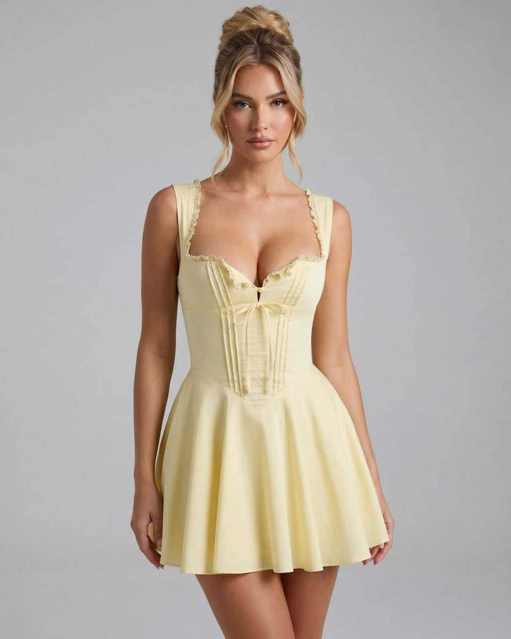 Veloura Mini Dress by Lauven — yellow cotton blend sleeveless square neck fit and flare mini dress