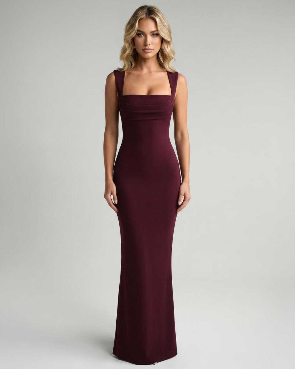 Veloura Maxi Dress by Lauven — burgundy stretch sleeveless square neck bodycon maxi dress
