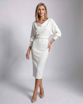 Serene Midi Dress by Lauven — white knit batwing sleeve cowl neck fitted midi dress
