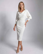 Serene Midi Dress by Lauven — white knit batwing sleeve cowl neck fitted midi dress