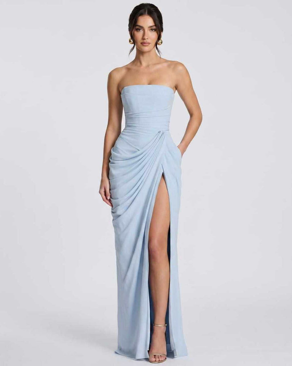 Seraphine Maxi Dress by Lauven — light blue chiffon strapless pleated high slit maxi dress