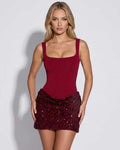 Veloura Mini Dress by Lauven — red sequined sleeveless square neck fitted mini dress