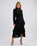 Celestia Maxi Dress by Lauven — black chiffon long sleeve high neck A-line maxi dress