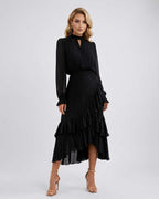 Celestia Maxi Dress by Lauven — black chiffon long sleeve high neck A-line maxi dress