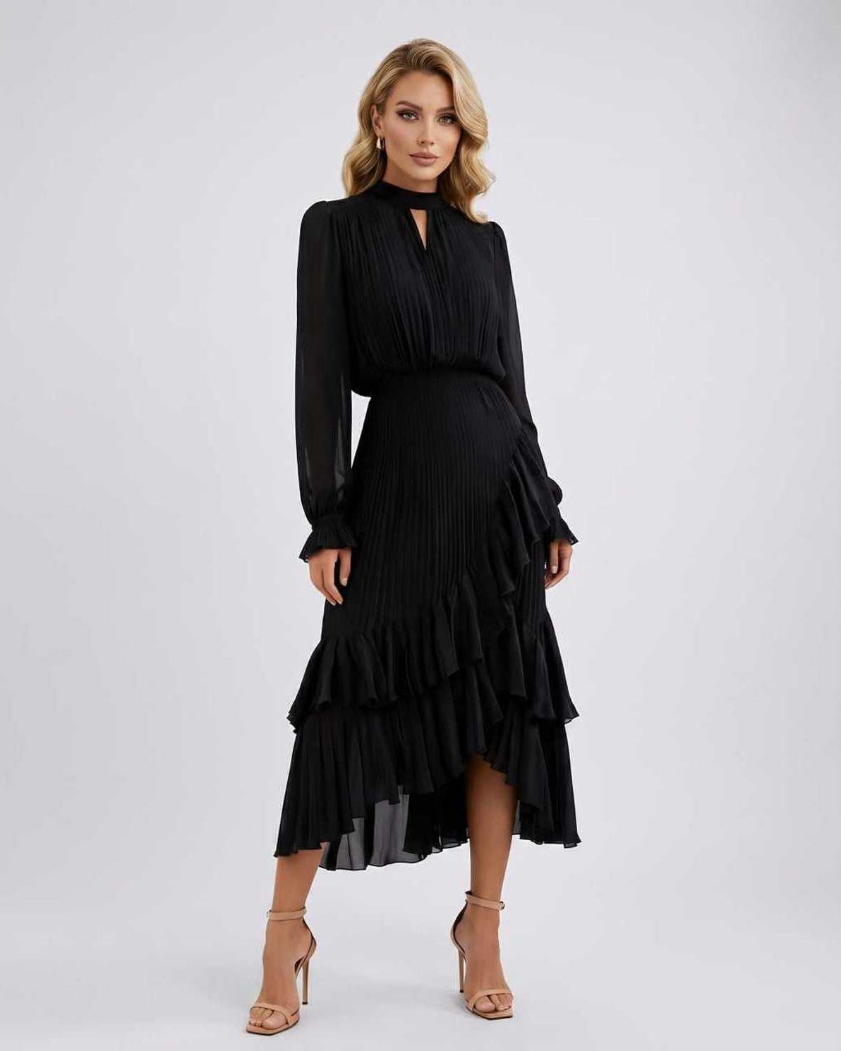 Celestia Maxi Dress by Lauven — black chiffon long sleeve high neck A-line maxi dress