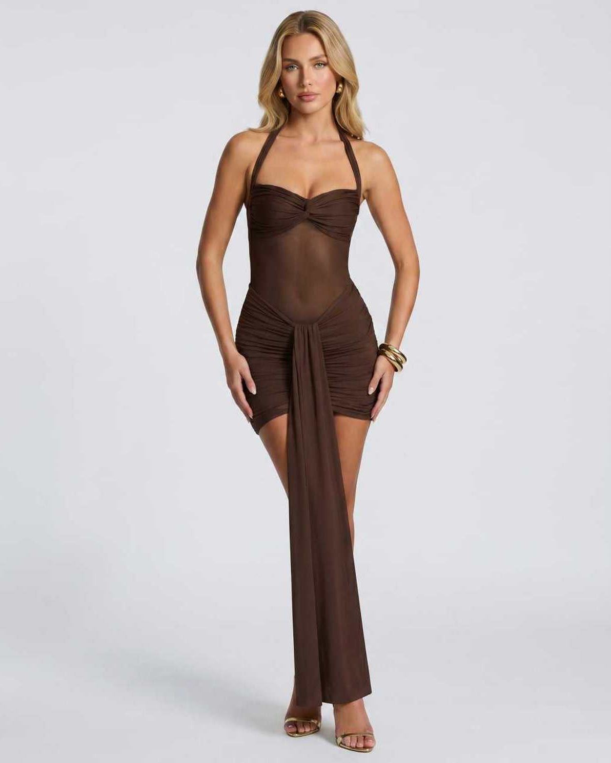 Veloura Mini Dress by Lauven — brown stretch mesh halter neck ruched bodycon mini dress