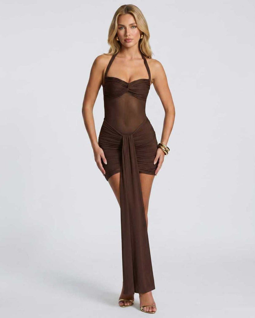 Veloura Mini Dress by Lauven — brown stretch mesh halter neck ruched bodycon mini dress