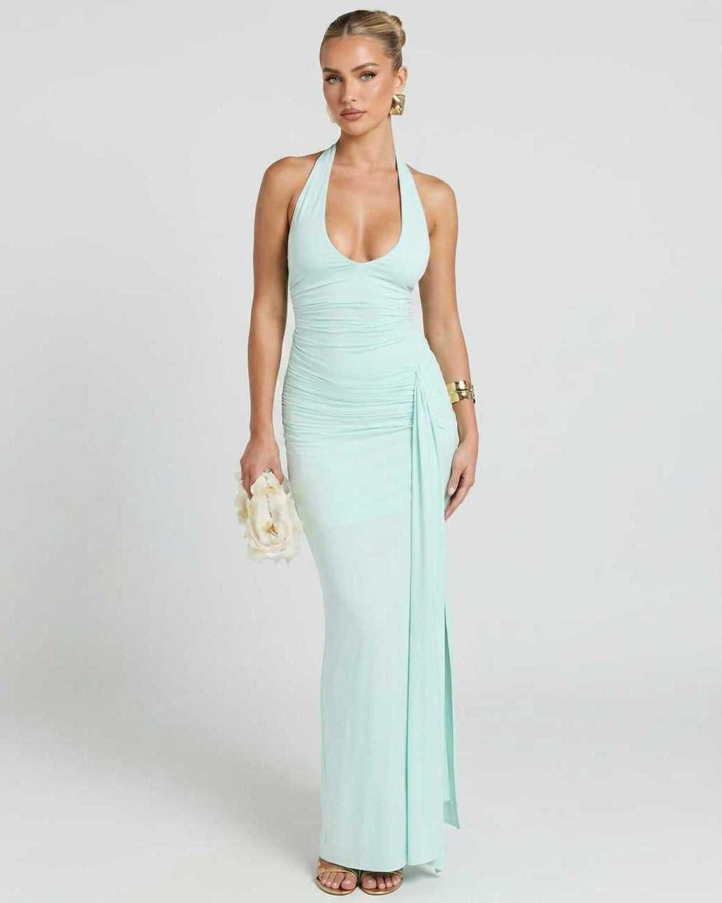 Solvienne Maxi Dress by Lauven — turquoise stretch sleeveless deep V-neck ruched maxi dress
