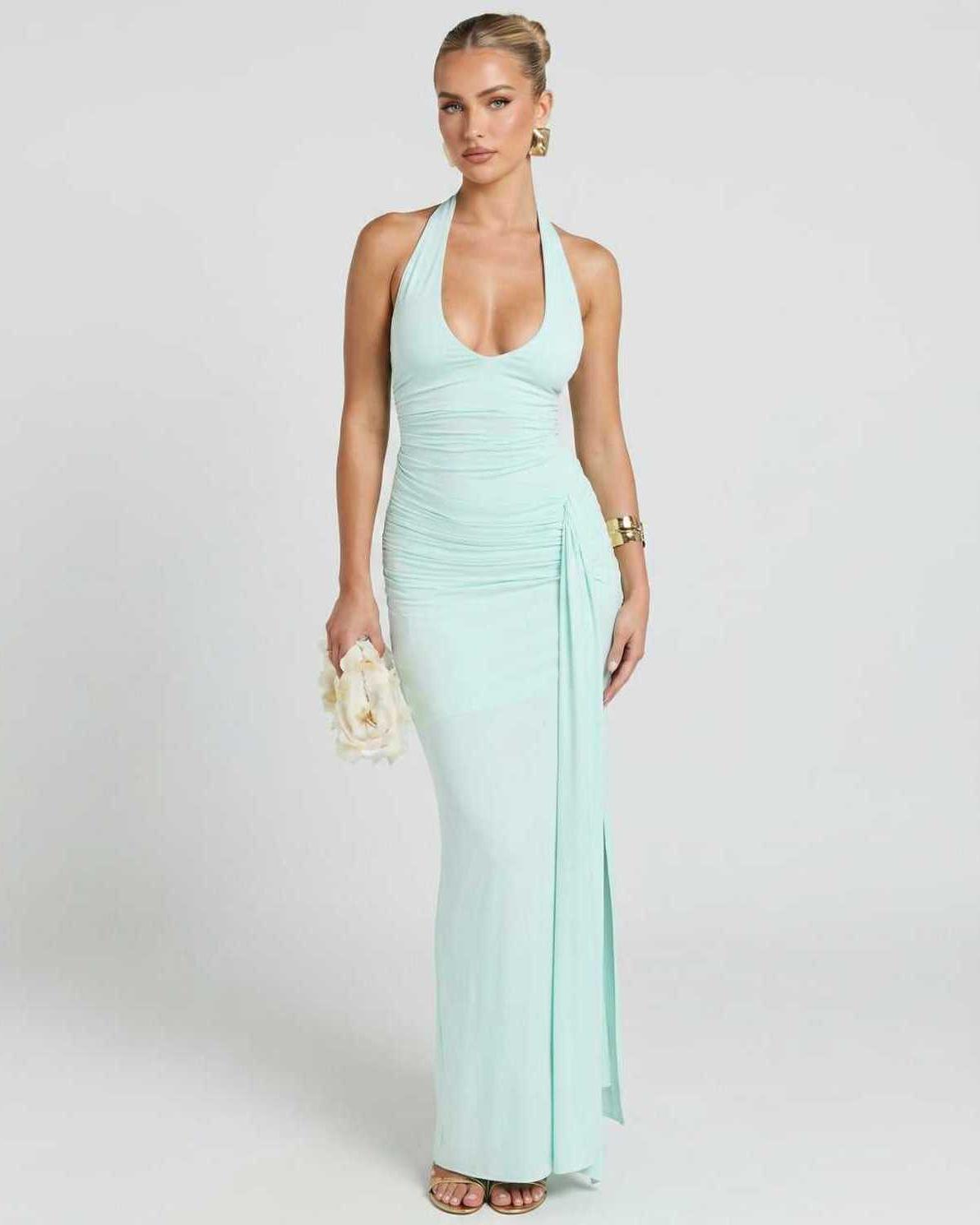 Solvienne Maxi Dress by Lauven — turquoise stretch sleeveless deep V-neck ruched maxi dress