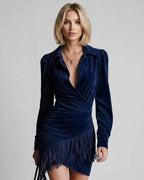 Veloura Mini Dress by Lauven — navy suede leather long sleeve turn-down collar ruched mini dress