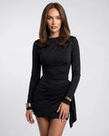 Aurielle Mini Dress by Lauven — black stretch knit long sleeve round neck ruched bodycon mini dress