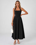 Veloura Midi Dress by Lauven — black satin blend sleeveless square neck A-line midi dress