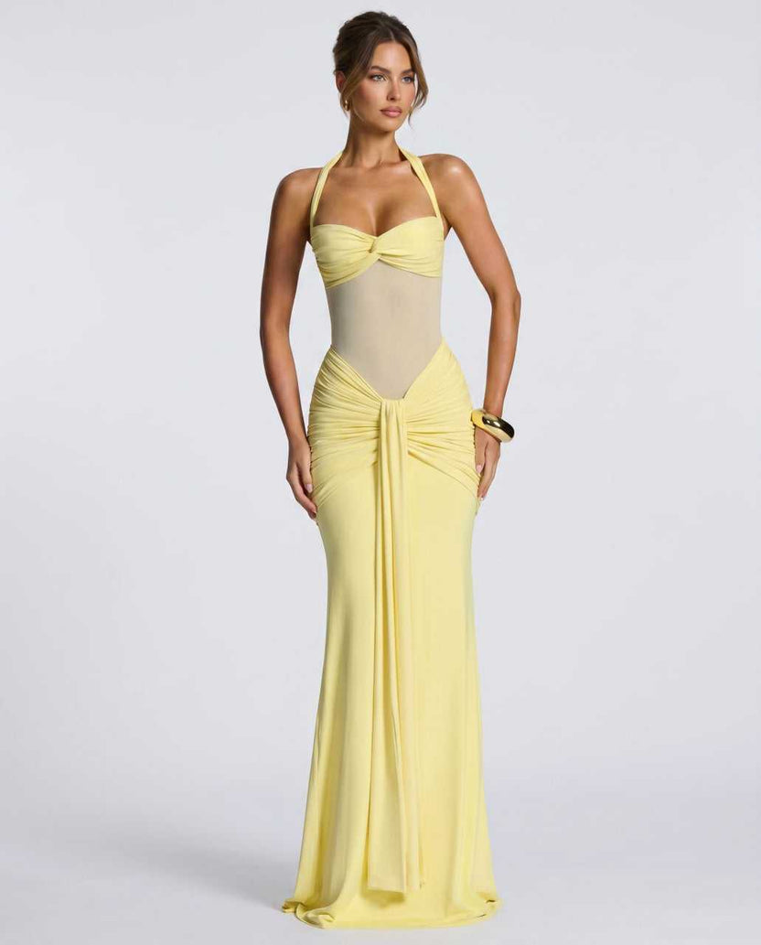 Solvane Maxi Dress by Lauven — yellow stretch mesh sleeveless halter neck slim fit maxi dress