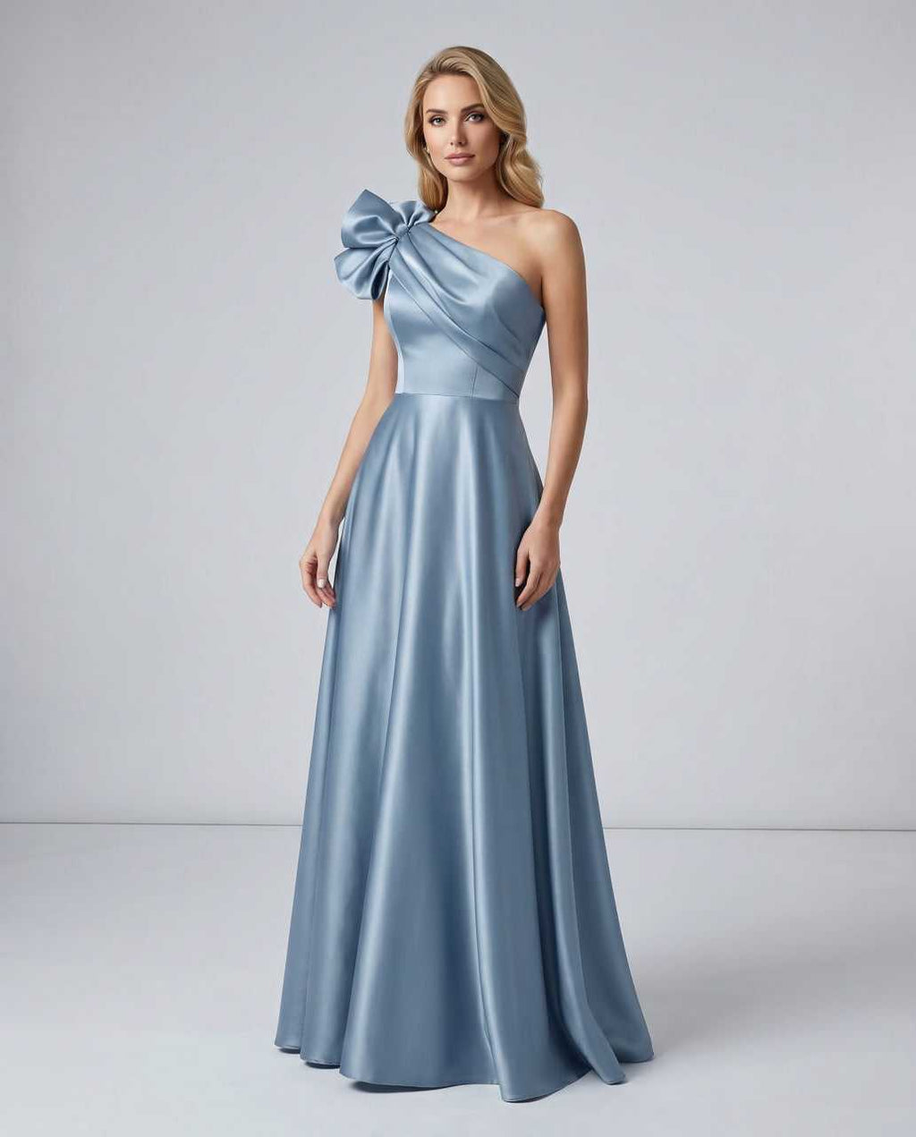 Aurevina Maxi Dress by Lauven — sky blue satin one shoulder A-line maxi dress with ruffle detail