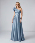 Aurevina Maxi Dress by Lauven — sky blue satin one shoulder A-line maxi dress with ruffle detail