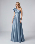Aurevina Maxi Dress by Lauven — sky blue satin one shoulder A-line maxi dress with ruffle detail