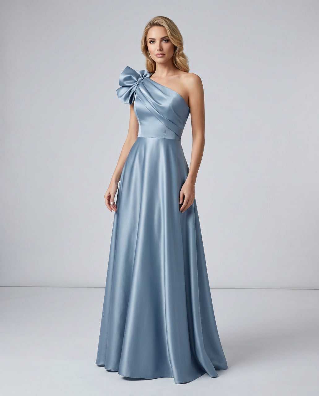 Aurevina Maxi Dress by Lauven — sky blue satin one shoulder A-line maxi dress with ruffle detail