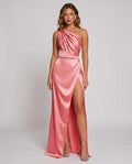 Veloura Maxi Dress by Lauven — coral satin one-shoulder mermaid maxi dress with slit