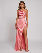 Veloura Maxi Dress by Lauven — coral satin one-shoulder mermaid maxi dress with slit