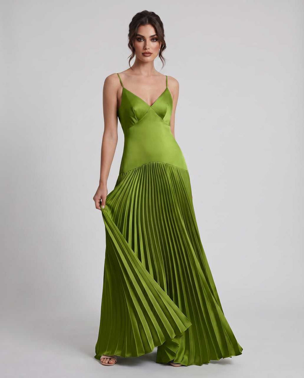 Veloura Maxi Dress by Lauven — olive satin spaghetti strap V-neck A-line maxi dress