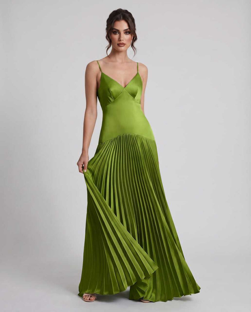 Veloura Maxi Dress by Lauven — olive satin spaghetti strap V-neck A-line maxi dress