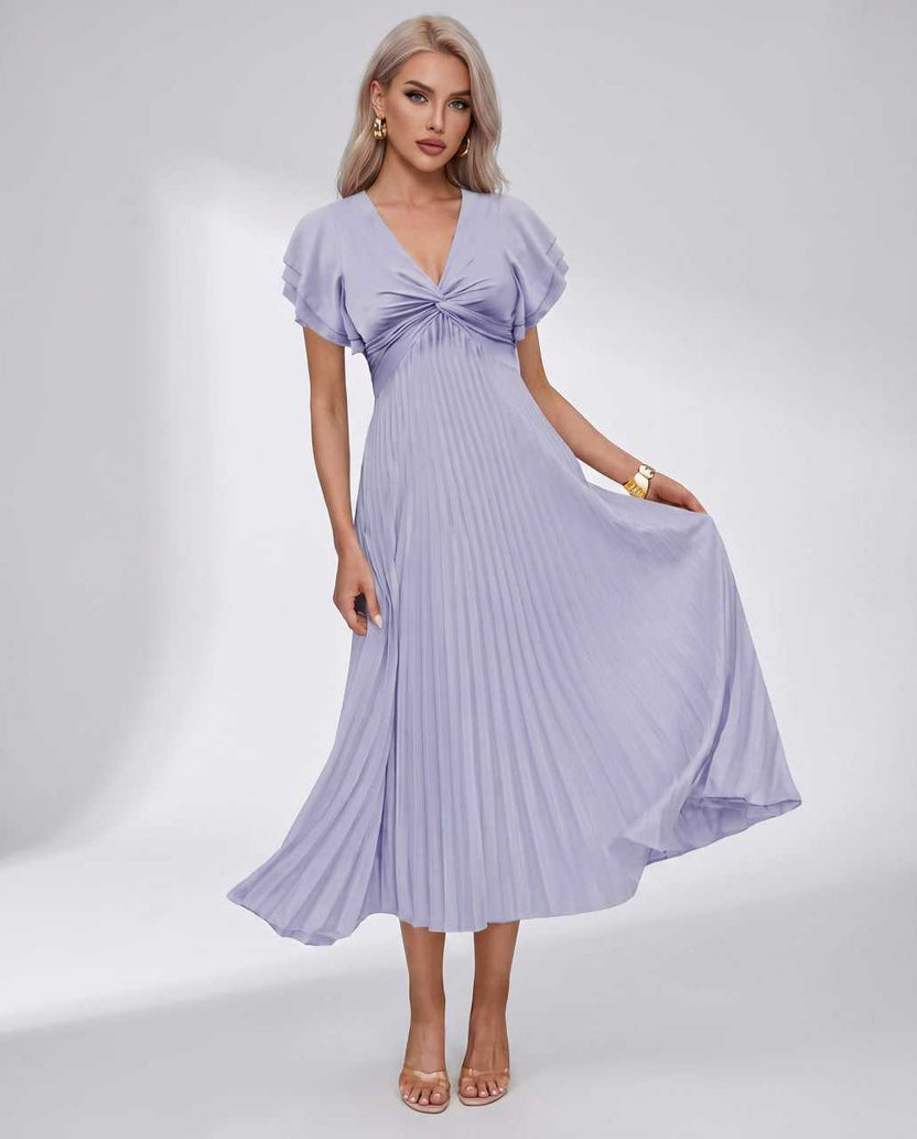 Veloura Midi Dress by Lauven — lavender pleated chiffon flutter sleeve V-neck A-line midi dress