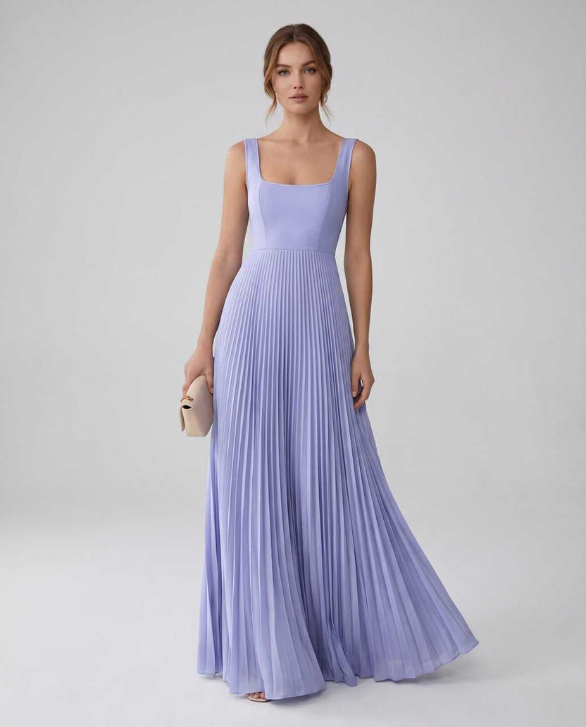 Veloura Maxi Dress by Lauven — lavender satin chiffon sleeveless square neck pleated A-line maxi dress