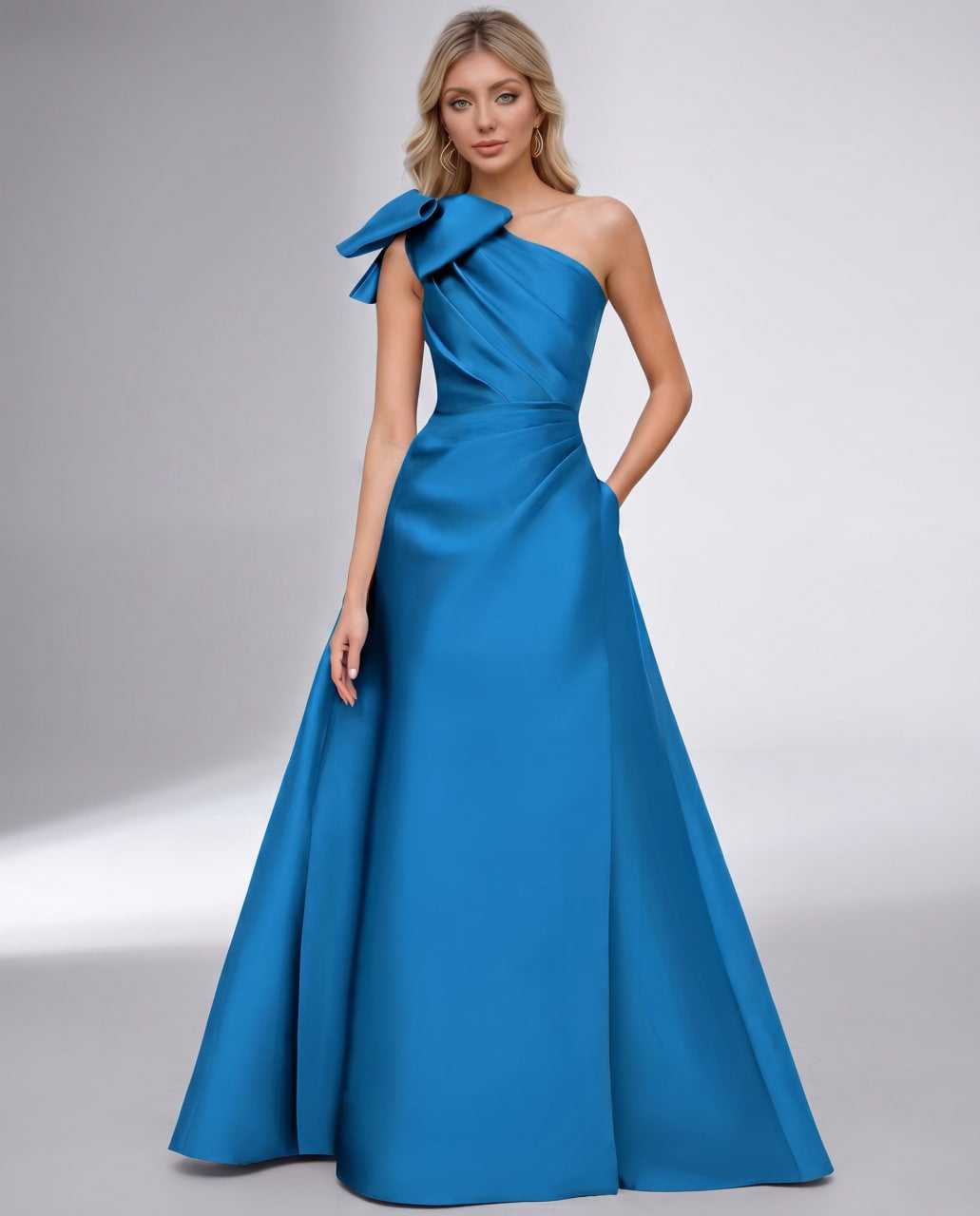 Celestia Maxi Dress by Lauven — blue satin one shoulder A-line maxi dress with bow