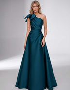 Celestia Maxi Dress by Lauven — satin one shoulder A-line maxi dress with bow