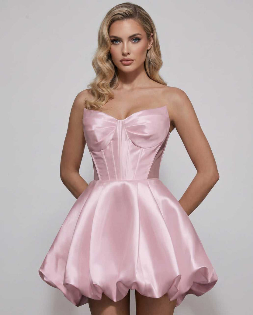 Veloura Mini Dress by Lauven — pink satin strapless sweetheart A-line mini dress