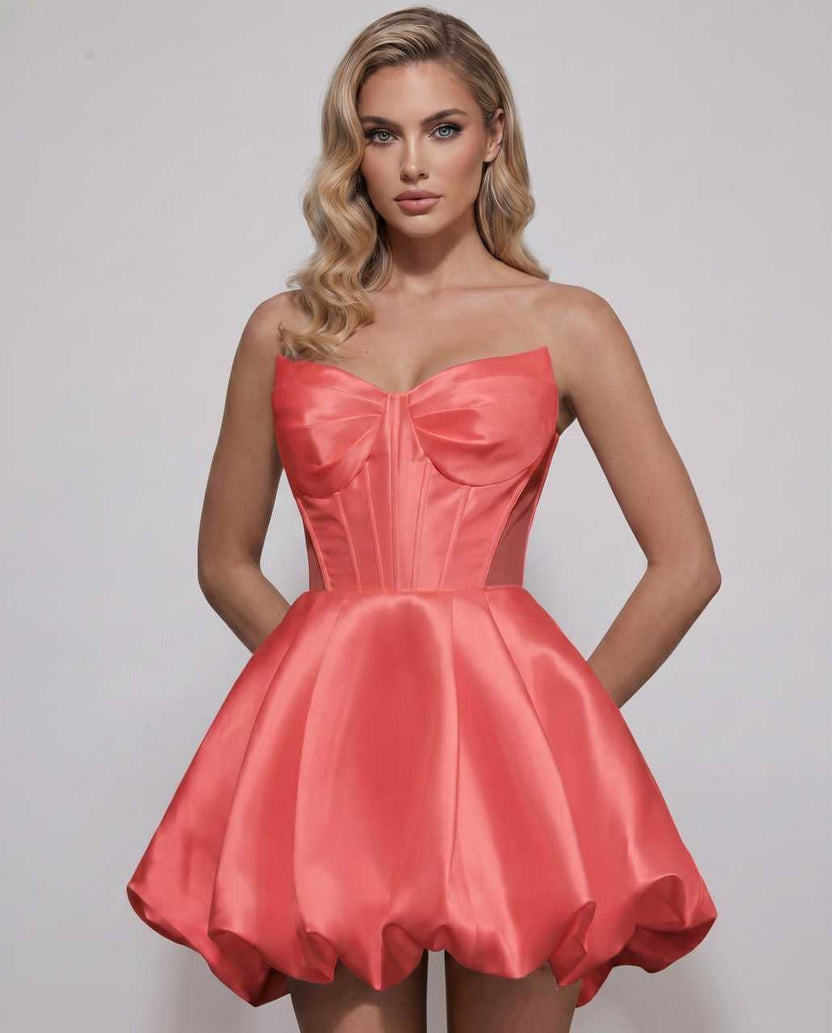 Veloura Mini Dress by Lauven — coral satin strapless sweetheart A-line mini dress