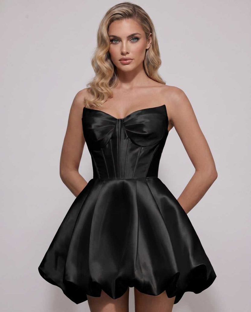 Veloura Mini Dress by Lauven — black satin strapless sweetheart A-line mini dress