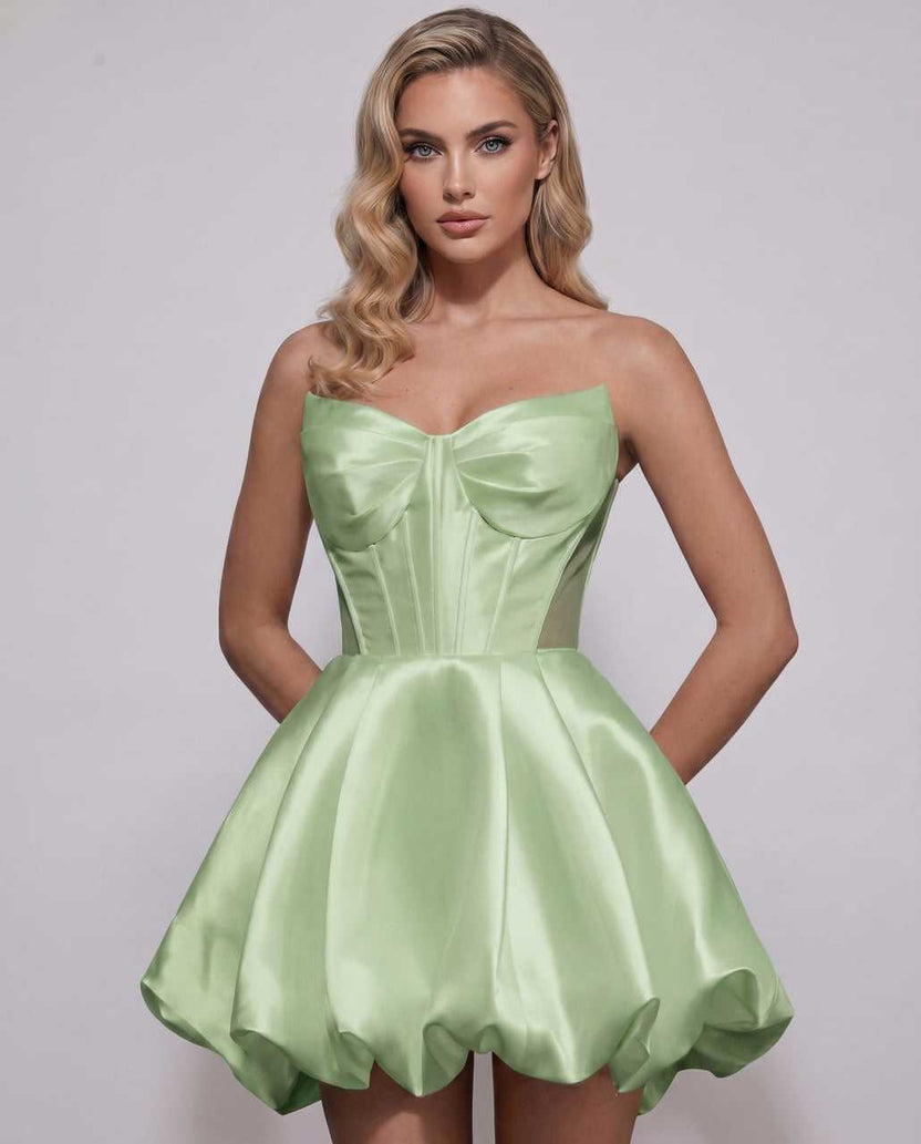 Veloura Mini Dress by Lauven — sage green satin strapless sweetheart A-line mini dress