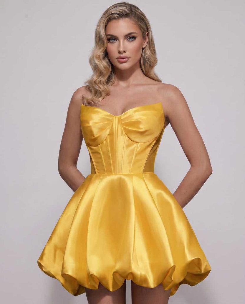 Veloura Mini Dress by Lauven — gold satin strapless sweetheart A-line mini dress