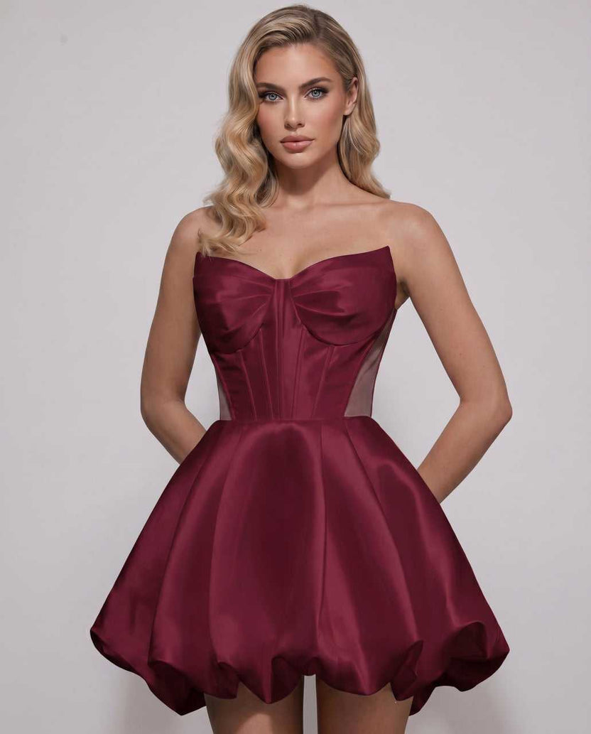 Veloura Mini Dress by Lauven — burgundy satin strapless sweetheart A-line mini dress
