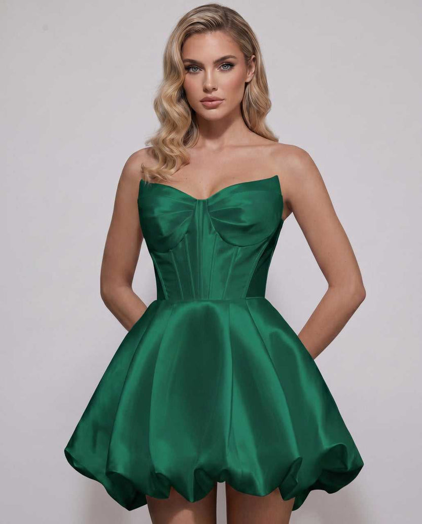 Veloura Mini Dress by Lauven — green satin strapless sweetheart A-line mini dress