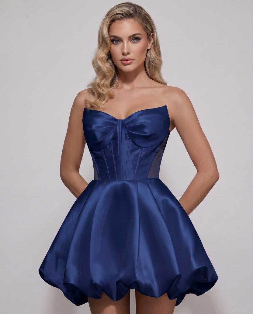Veloura Mini Dress by Lauven — navy satin strapless sweetheart A-line mini dress