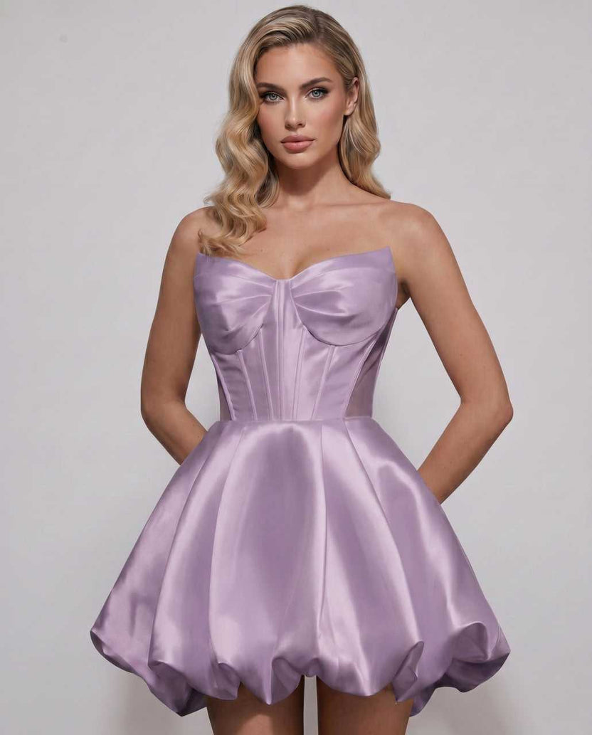 Veloura Mini Dress by Lauven — mauve satin strapless sweetheart A-line mini dress