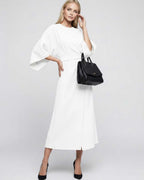 Celest Midi Dress by Lauven — breathable fabric lantern sleeve crew neck belted wrap midi dress