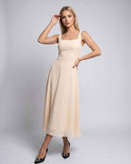Lunara Midi Dress by Lauven — lightweight chiffon sleeveless square neck A-line midi dress