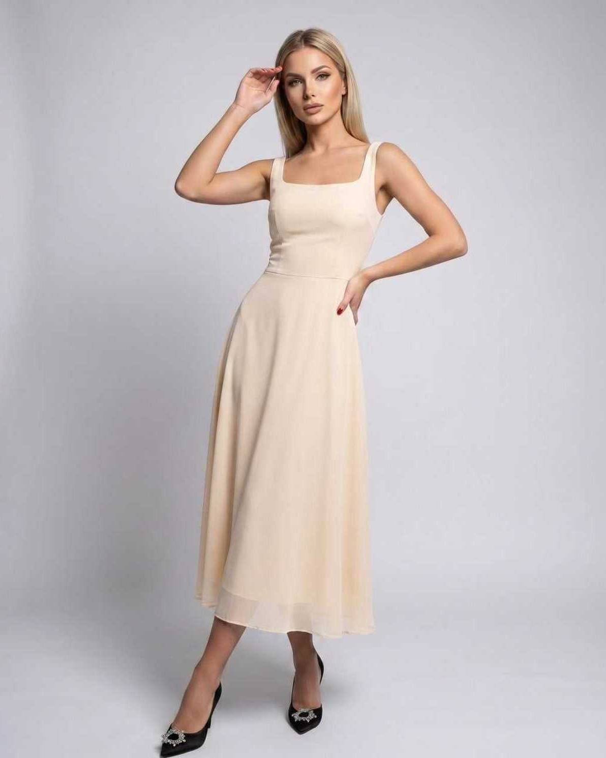 Lunara Midi Dress by Lauven — lightweight chiffon sleeveless square neck A-line midi dress