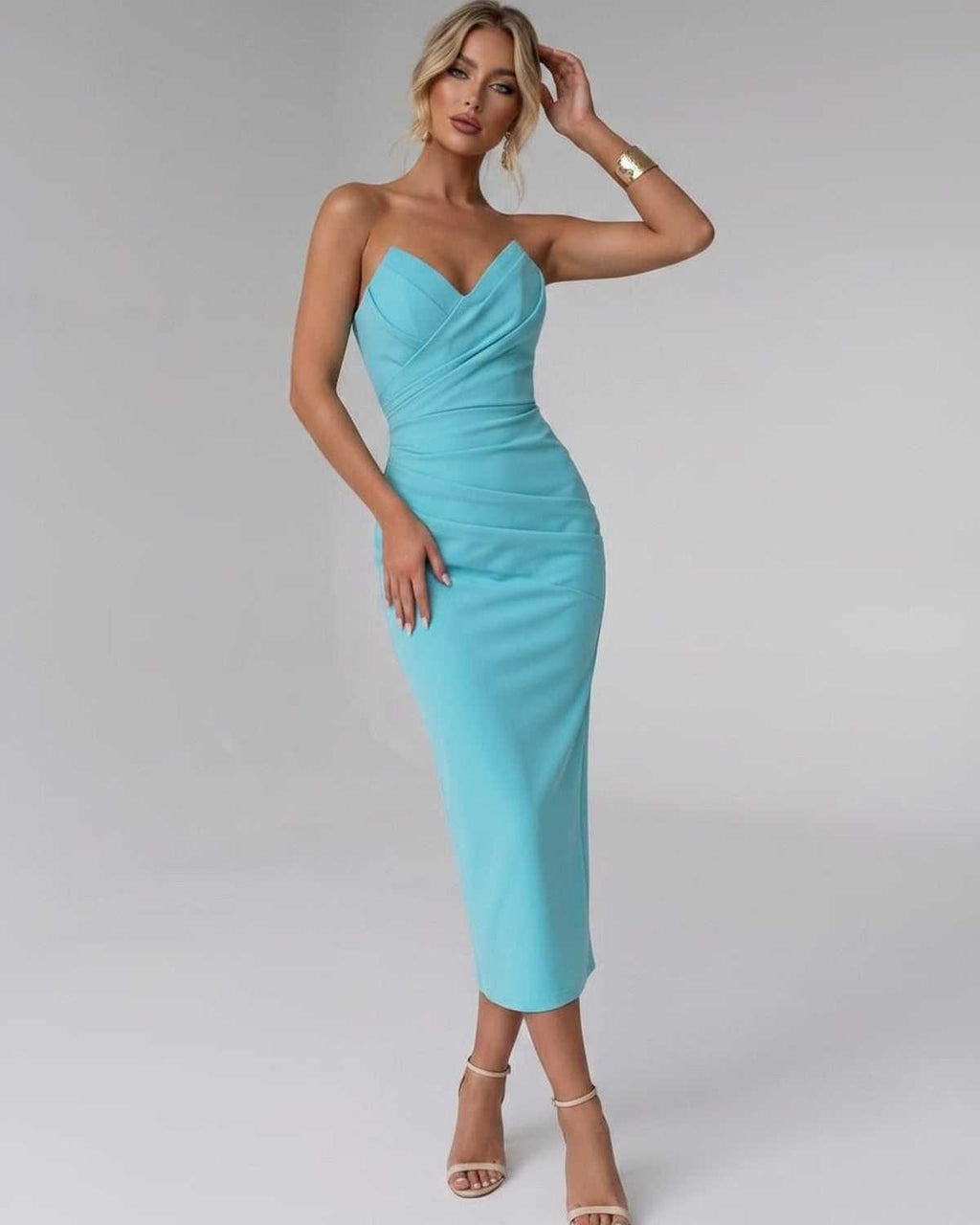 Serelle Midi Dress by Lauven — smooth stretch strapless sweetheart neck fitted midi dress