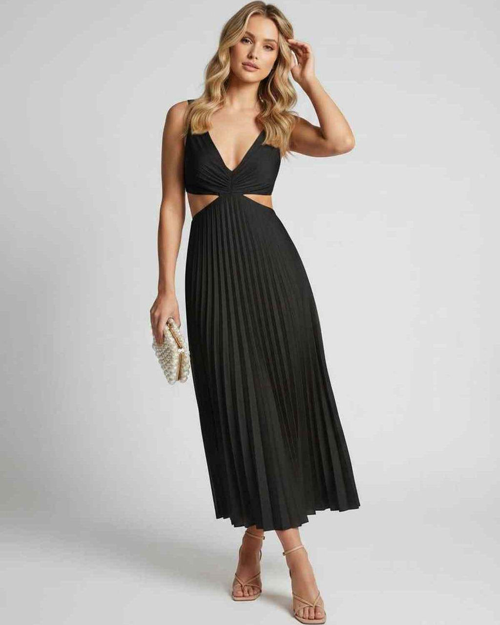 Lunara Midi Dress by Lauven — satin sleeveless V-neck flowing pleated midi dress