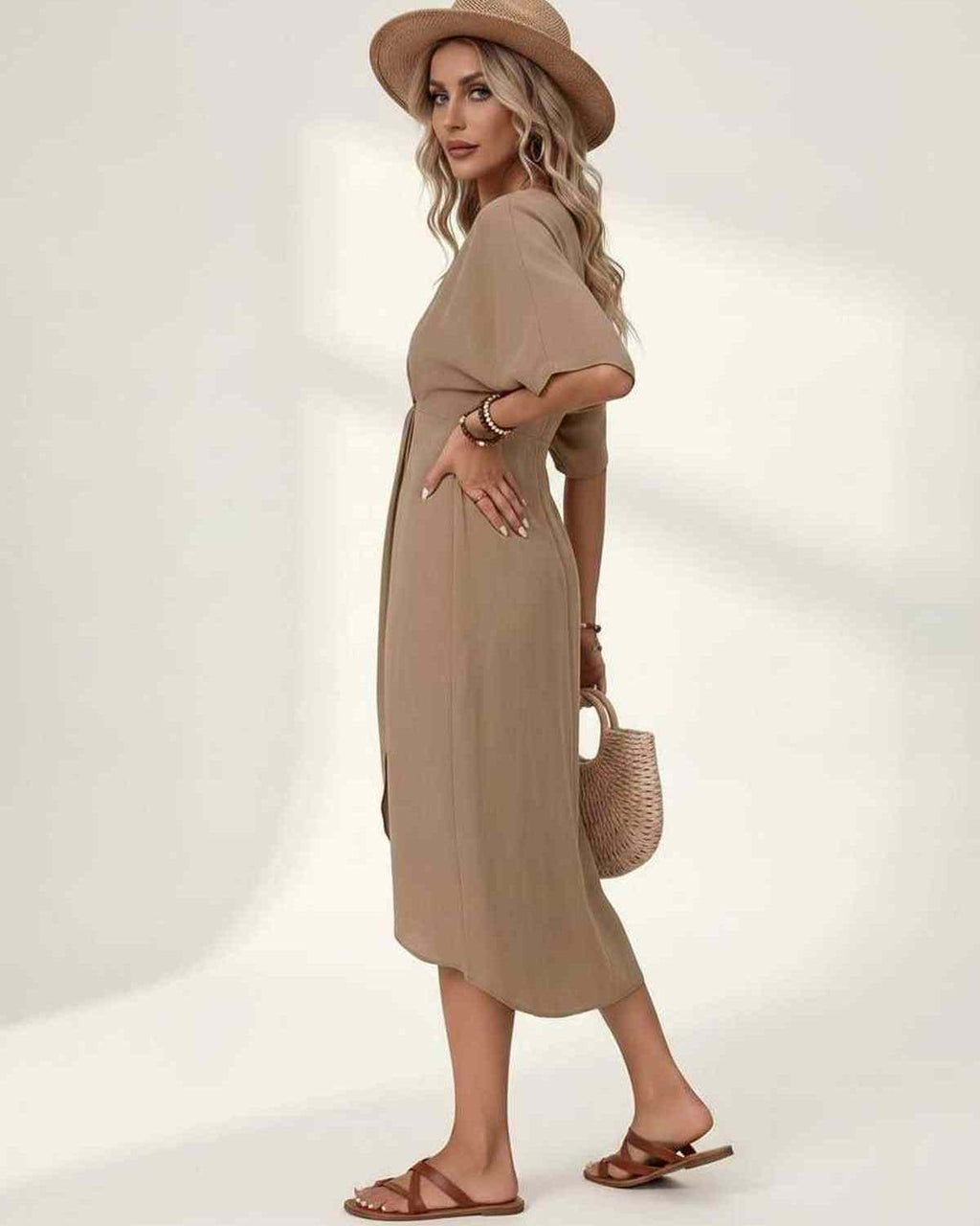 Elara Midi Dress by Lauven — premium short sleeve V-neck wrap style midi dress